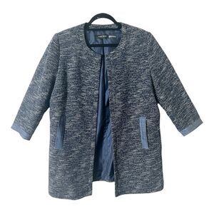 Ivanka Trump 3/4 Sleeve Blue White Open Front Denim Trim Tweed Blazer Jacket